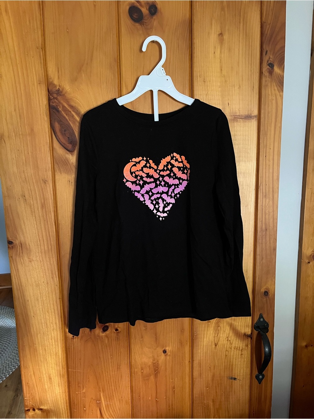 Girl’s Halloween Black Long Sleeve Tee with Orange-Pink Ombre Heart